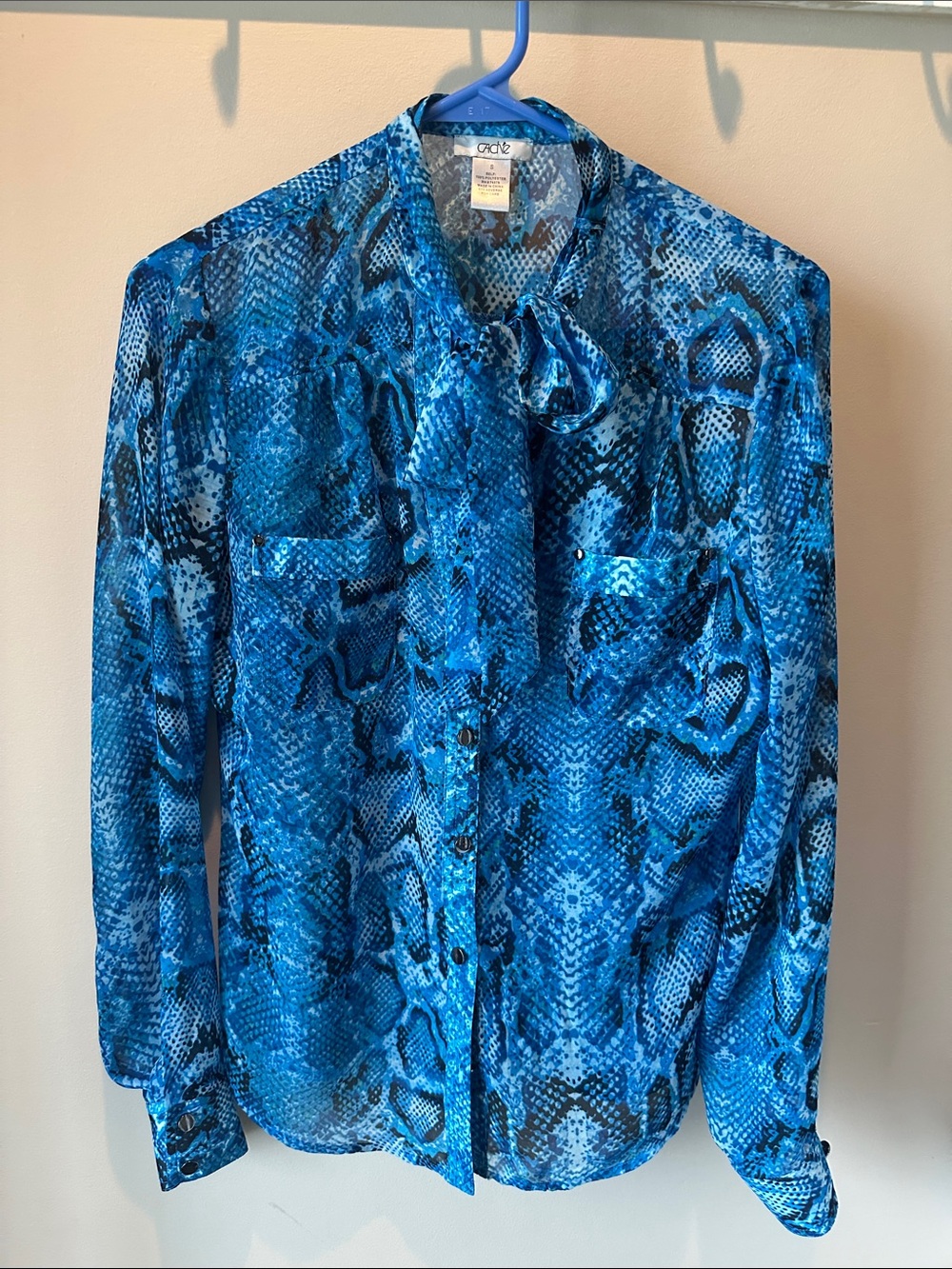 Blue Snake Print Blouse with Neck Tie